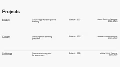 Projects list EdTech companies product designer roles job timeline