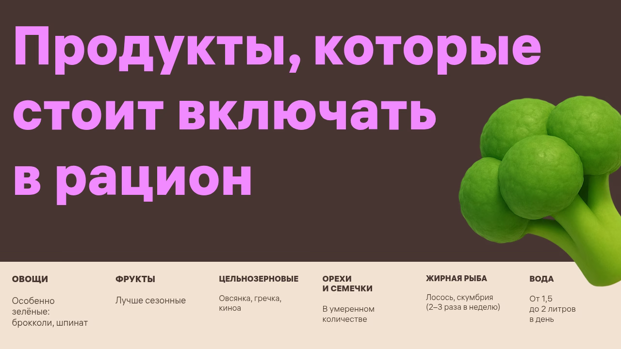 Полезные продукты, овощи, фрукты, цельнозерновые, орехи, рыба, питьевой режим.