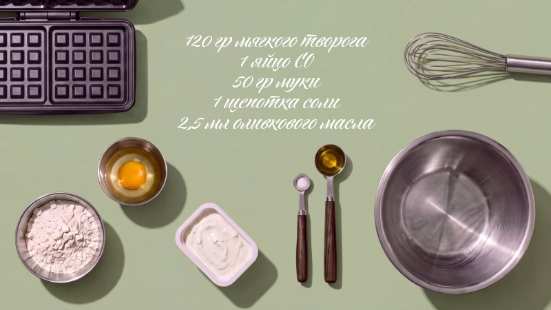 ингредиенты для вафель, список продуктов, творог, яйцо, мука, соль, оливковое масло.